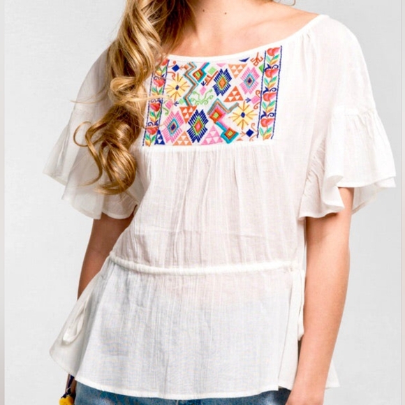 Impeccable Pig Embroidered Top with Pom Pom Side Waist Ties - Picture 2 of 14
